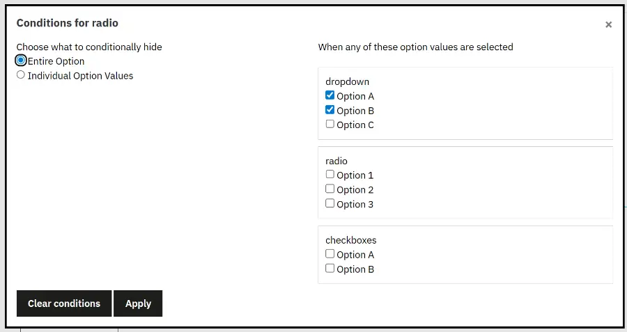 Applying conditions for displaying options and steps conditionally